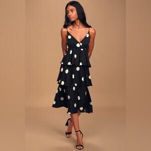 OPT One Pretty Time Cava Black and White Polka Dot Tiered Midi Dress NWT